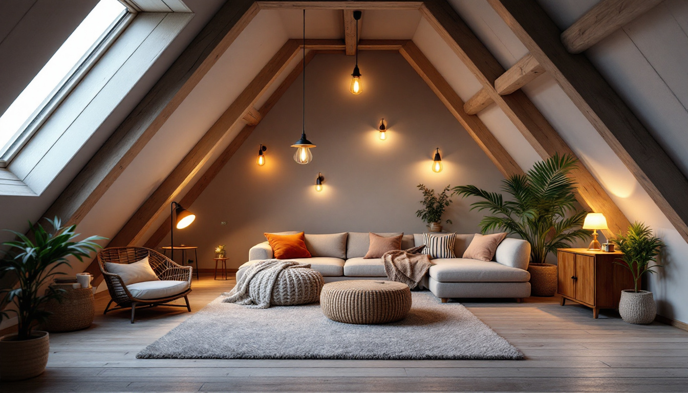 A photograph of a beautifully designed attic space featuring a variety of innovative lighting solutions