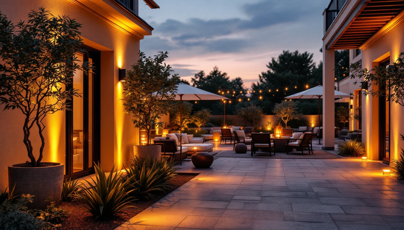 A photograph of a beautifully designed outdoor patio illuminated by stylish lamps