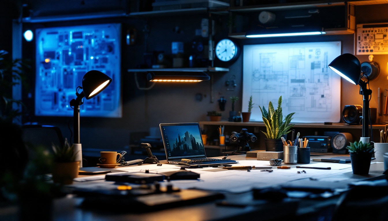 A photograph of a well-designed workspace featuring dock led lights illuminating various engineering tools and blueprints