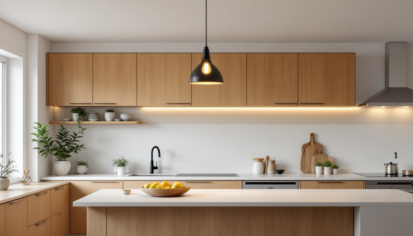 A photograph of a beautifully designed kitchen featuring a stylish ceiling lamp