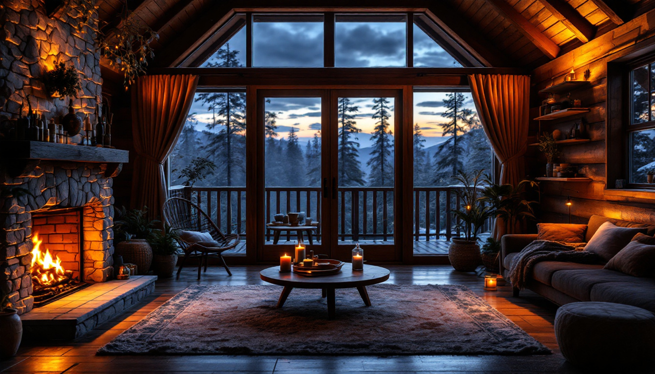 A photograph of a cozy rustic cabin interior at dusk