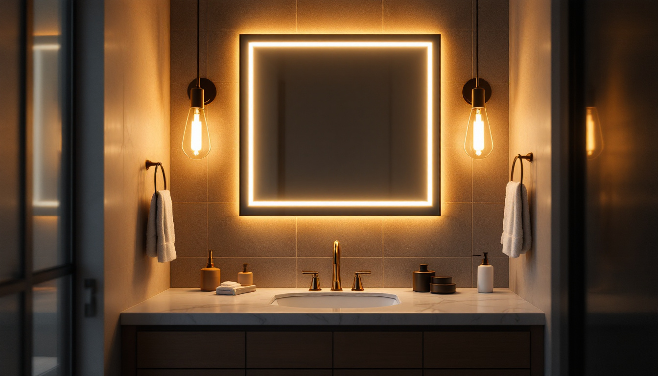 A photograph of a beautifully lit bathroom vanity showcasing a stylish mirror