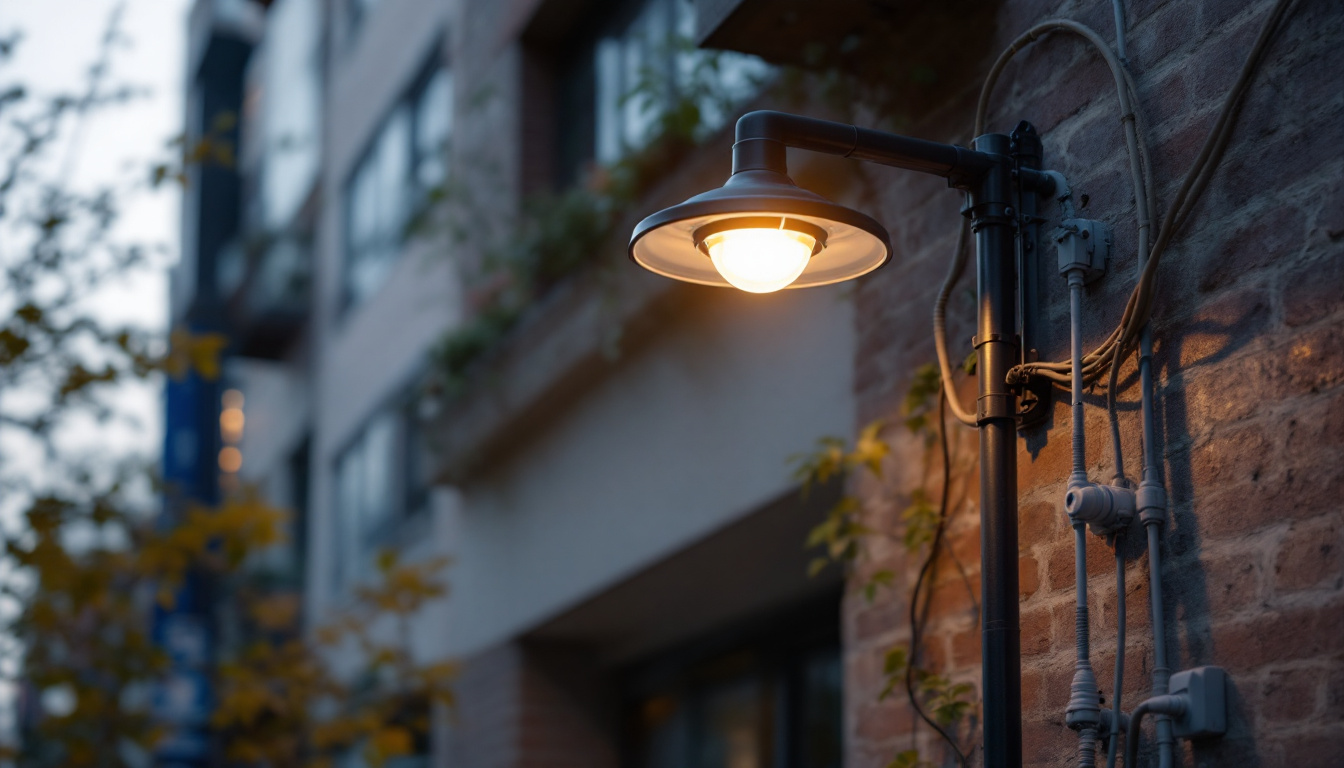 A photograph of a well-designed light pole light fixture installed in an urban setting