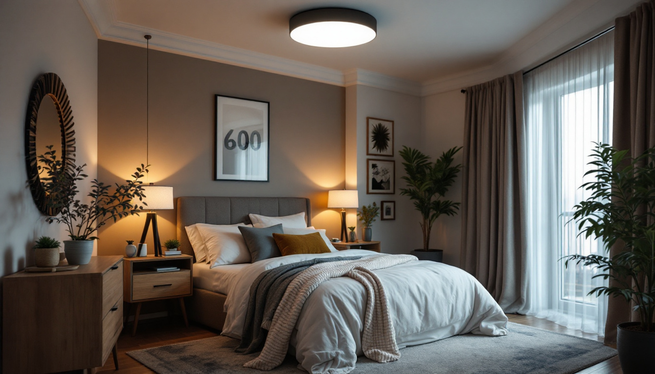 A photograph of a stylish bedroom featuring an energy-efficient flush mount light fixture