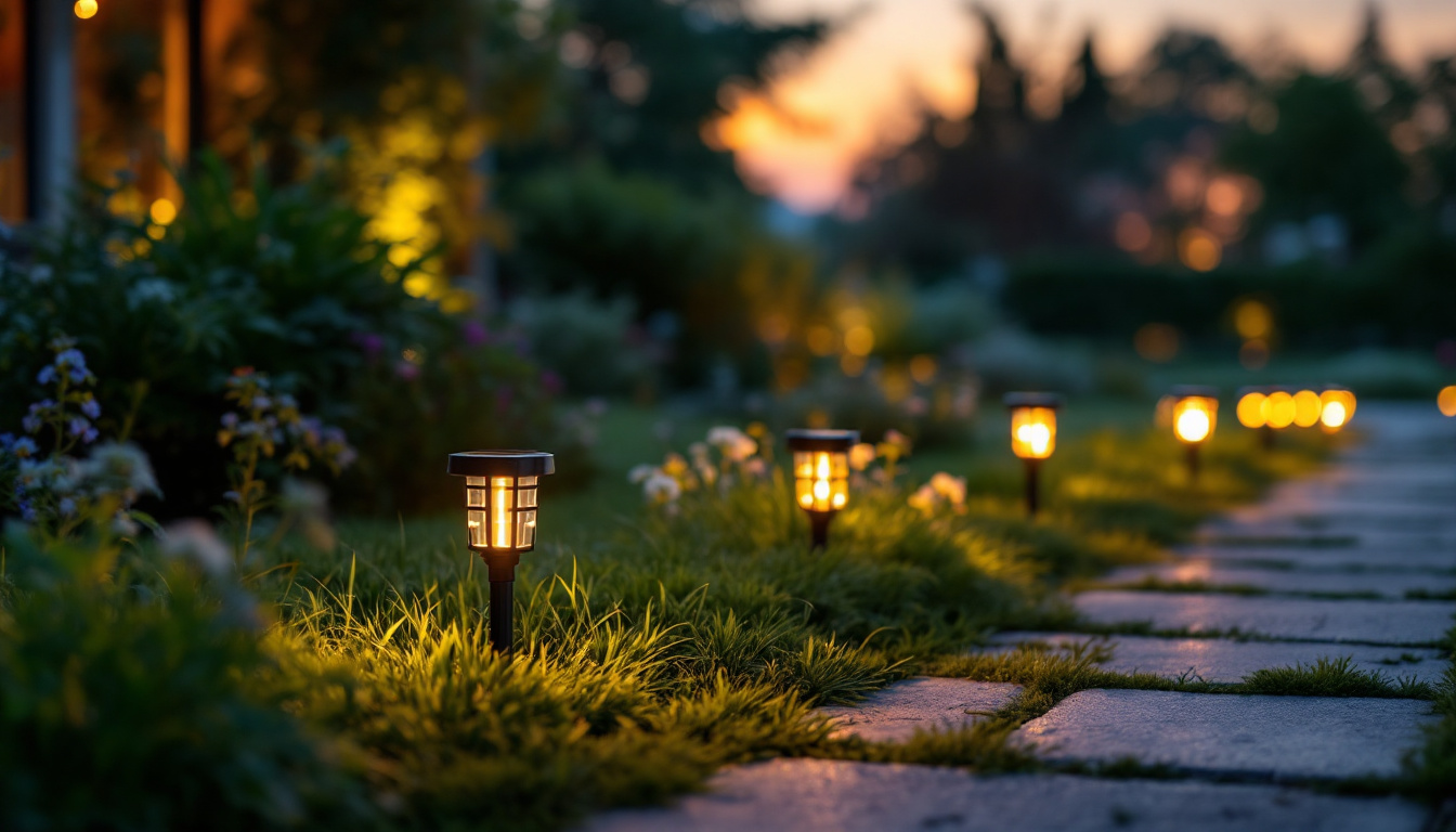 A photograph of a beautifully illuminated outdoor space featuring solar-powered ground lights