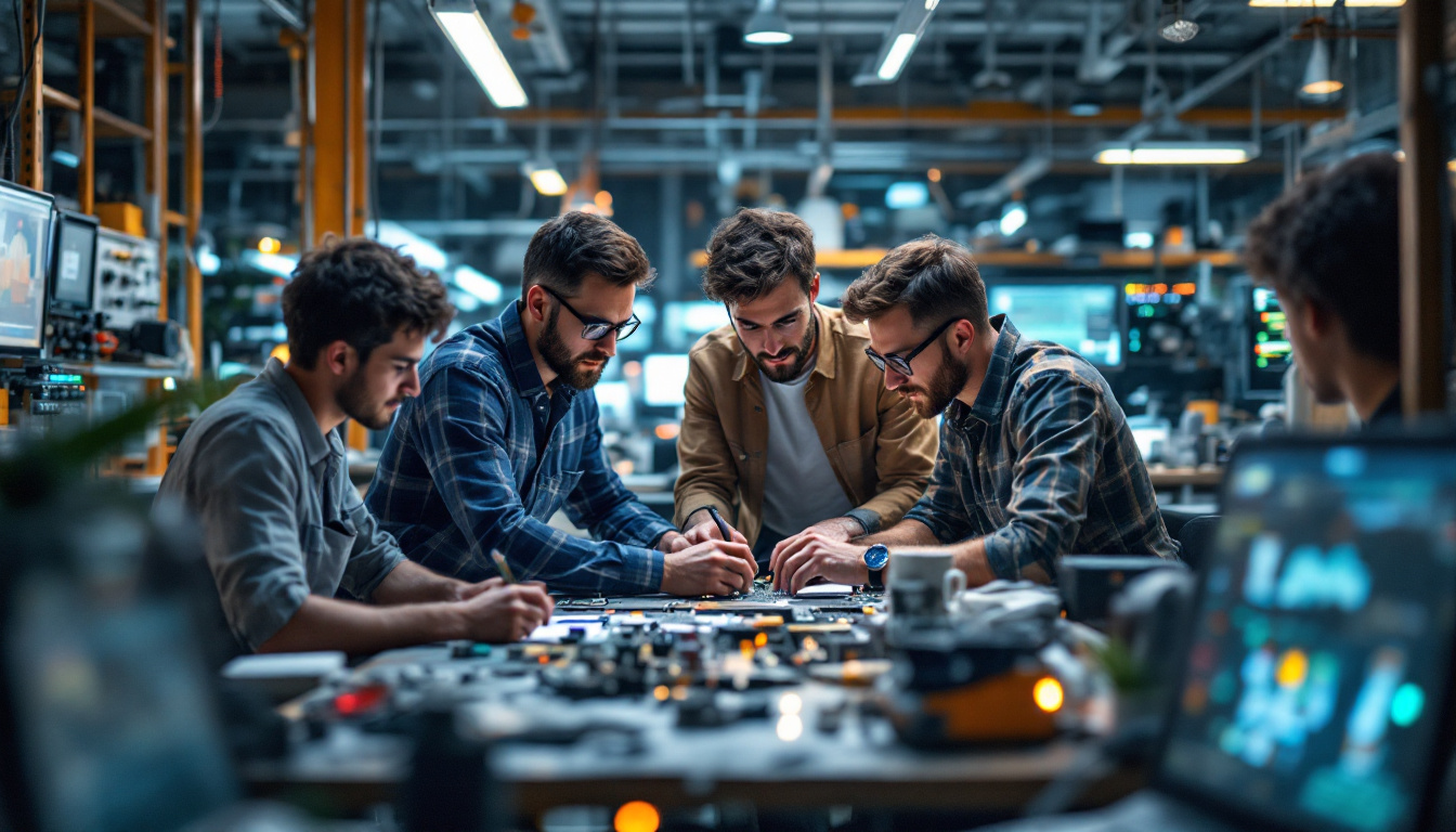 A photograph of a diverse group of electrical engineers collaborating around a high-tech workbench