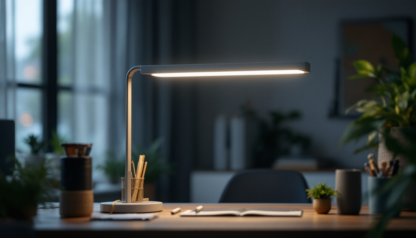A photograph of a long led lamp illuminating a modern workspace or living area