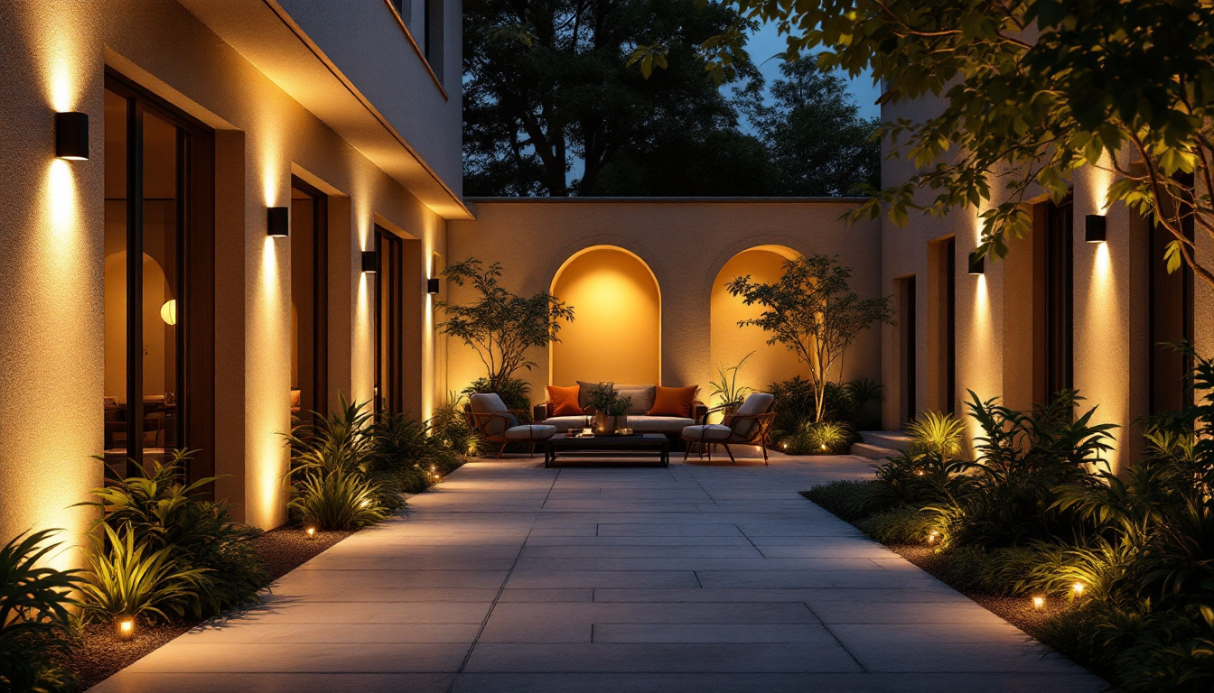A photograph of a beautifully illuminated outdoor space showcasing various lighting techniques and fixtures