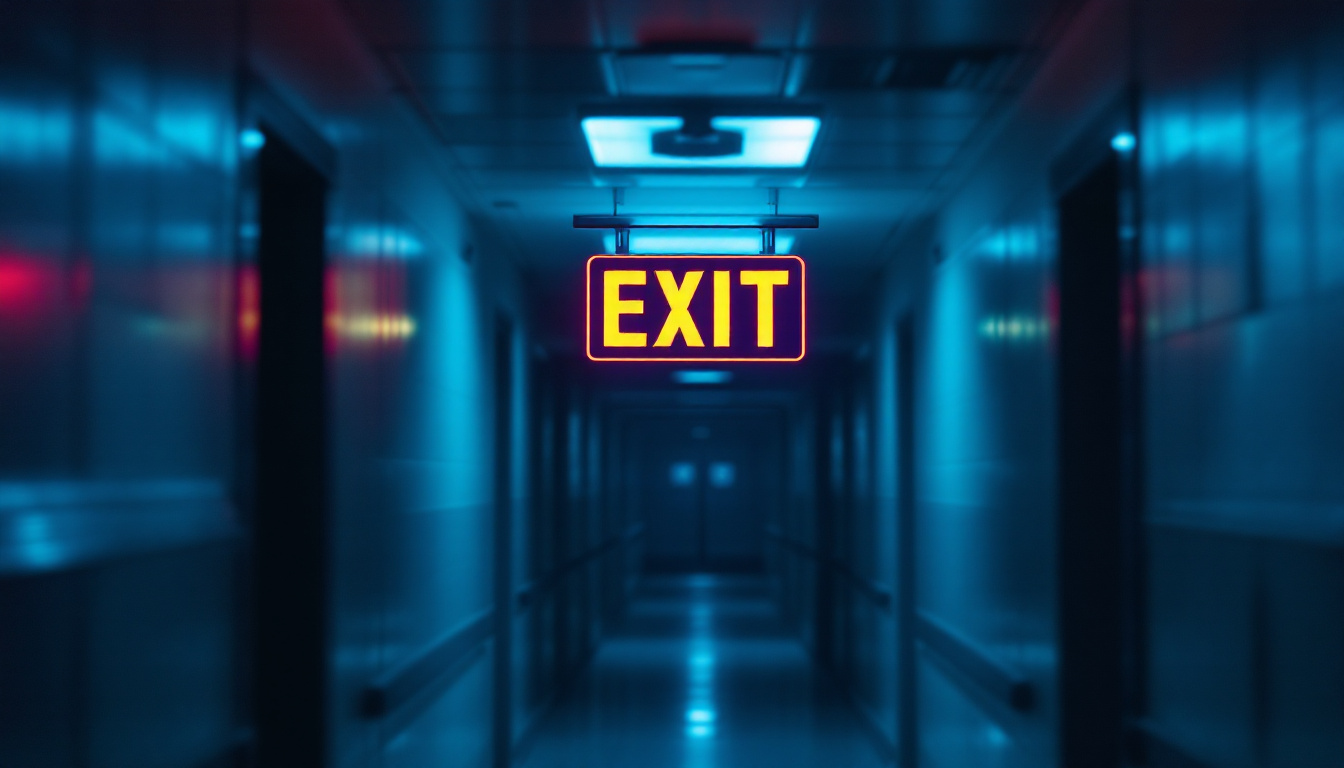 A photograph of a well-lit emergency exit sign in a dimly lit corridor
