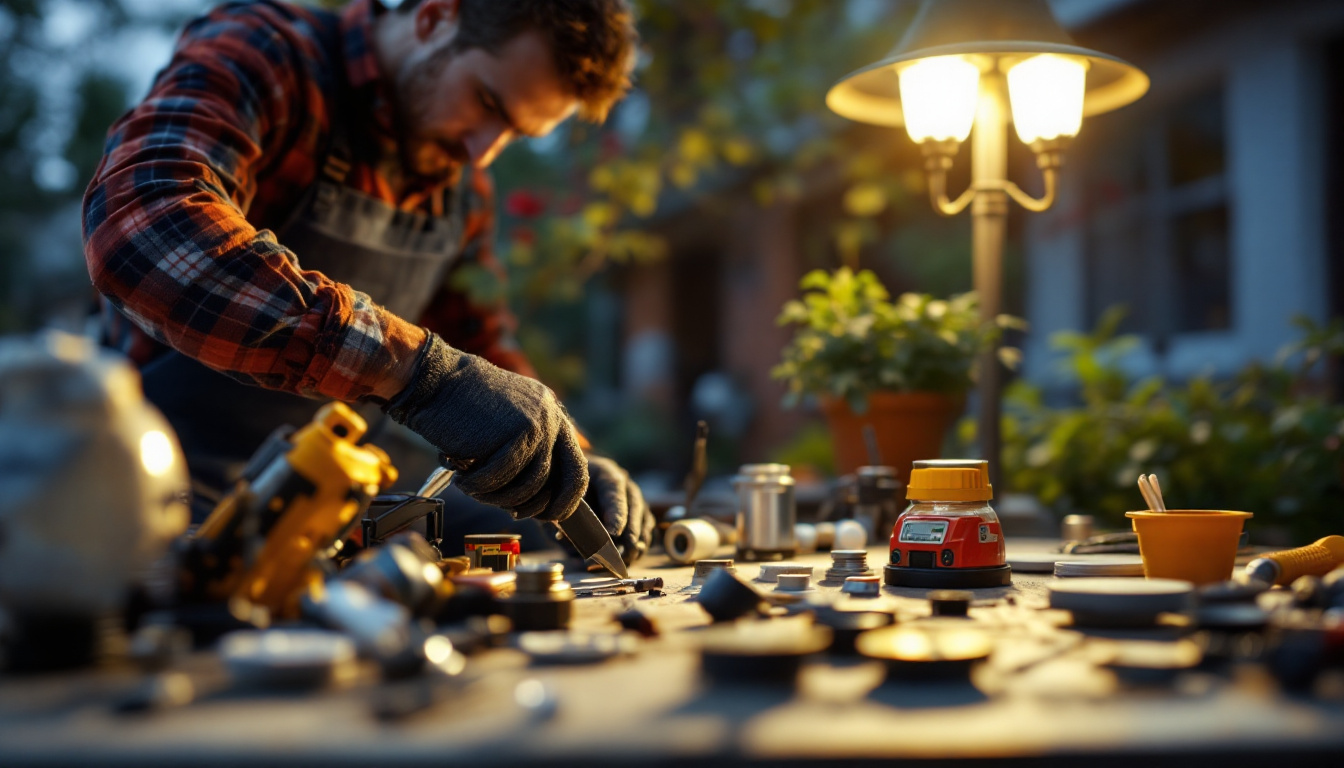 A photograph of a skilled technician working on outdoor lighting fixtures