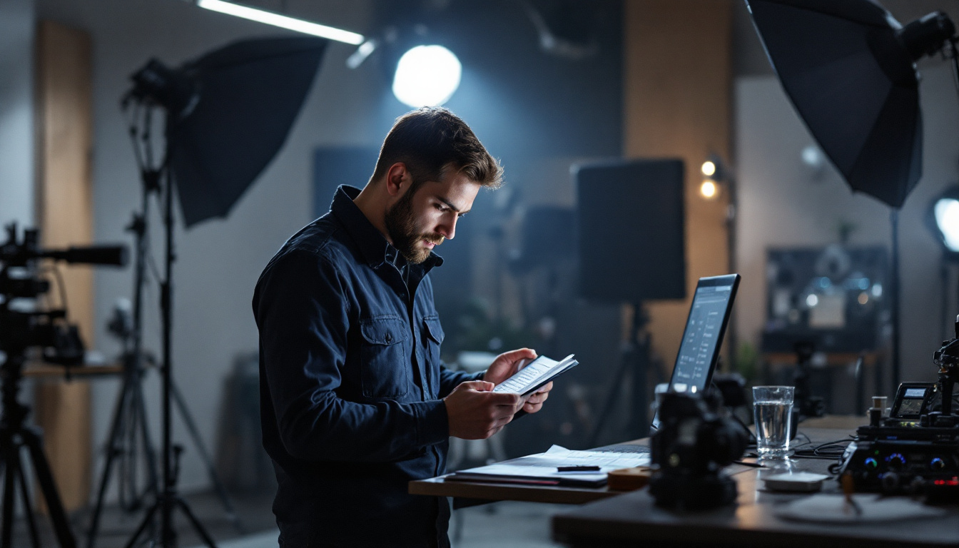 A photograph of a lighting engineer meticulously reviewing a checklist in a well-lit studio