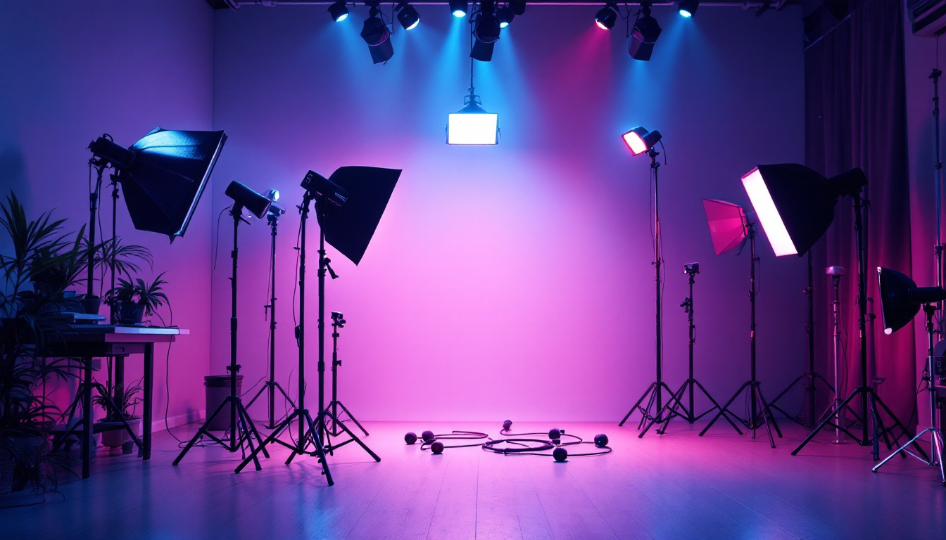 A photograph of a well-lit studio space showcasing various led studio lights in action