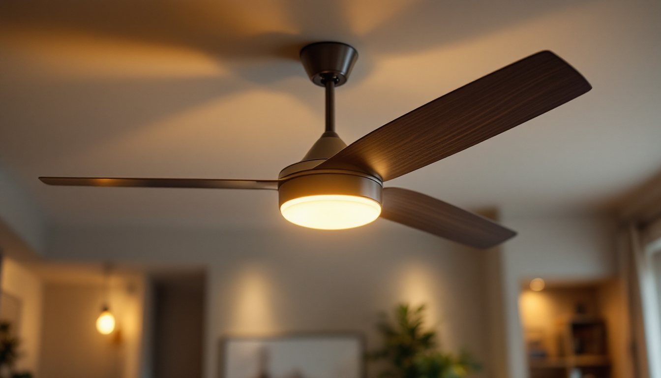 A photograph of a stylish ceiling fan featuring two distinct fan blades