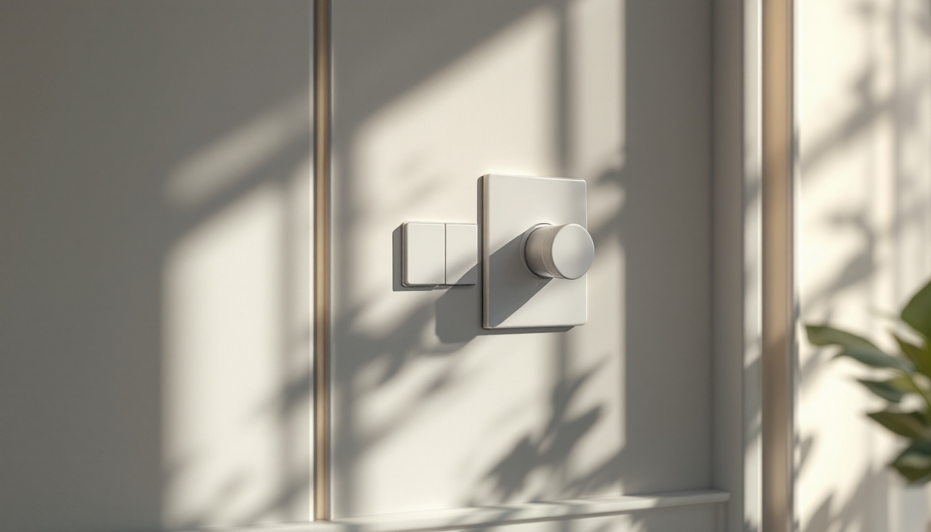 A photograph of a close-up shot of a dimmable 3-way light switch in an elegantly designed room