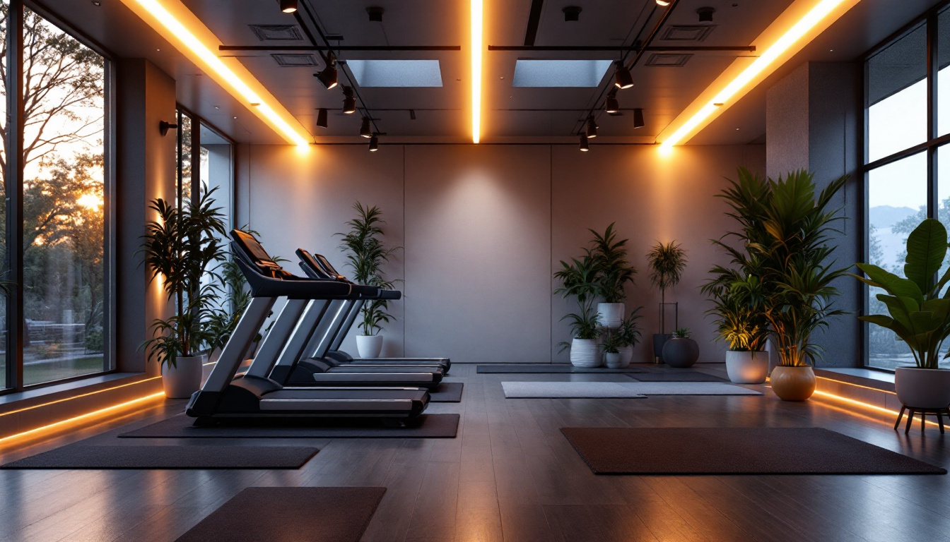 A photograph of a modern gym interior featuring energy-efficient led lighting