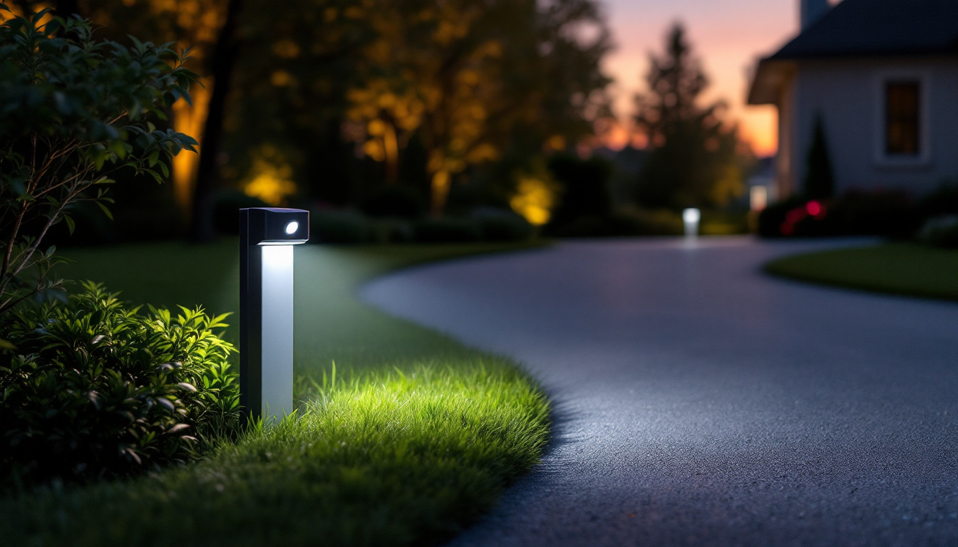 A photograph of a motion detector driveway light in action at dusk