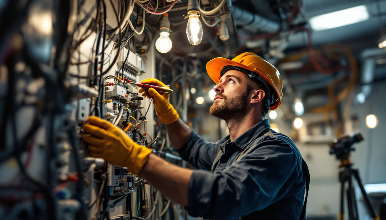 A photograph of a technician inspecting a complex electrical lighting system