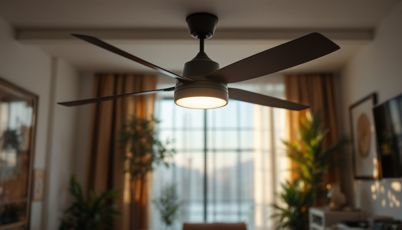 A photograph of a stylish overhead fan with an integrated light fixture in a modern living space