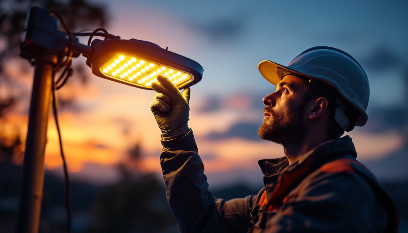 A photograph of a technician inspecting a pole light led fixture at dusk
