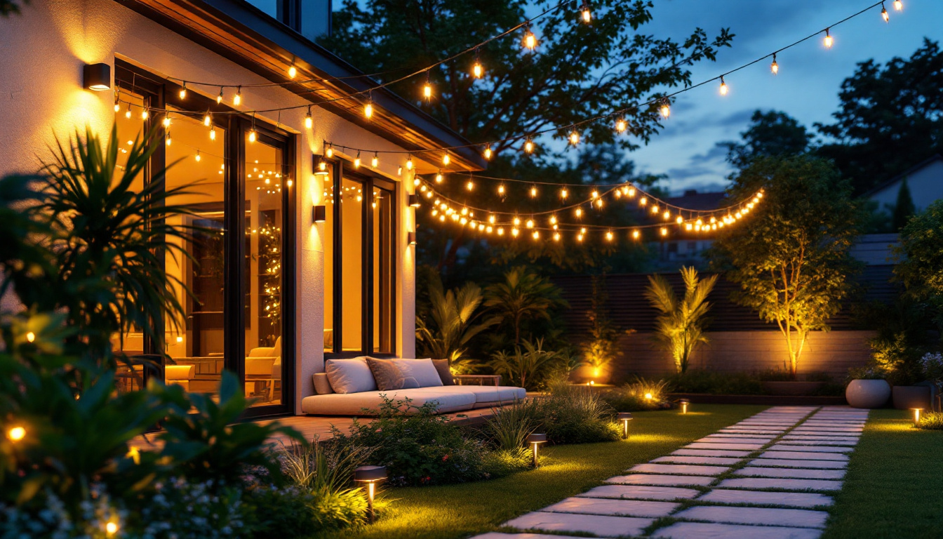 A photograph of a beautifully illuminated outdoor space featuring solar strip lights integrated into a modern lighting system