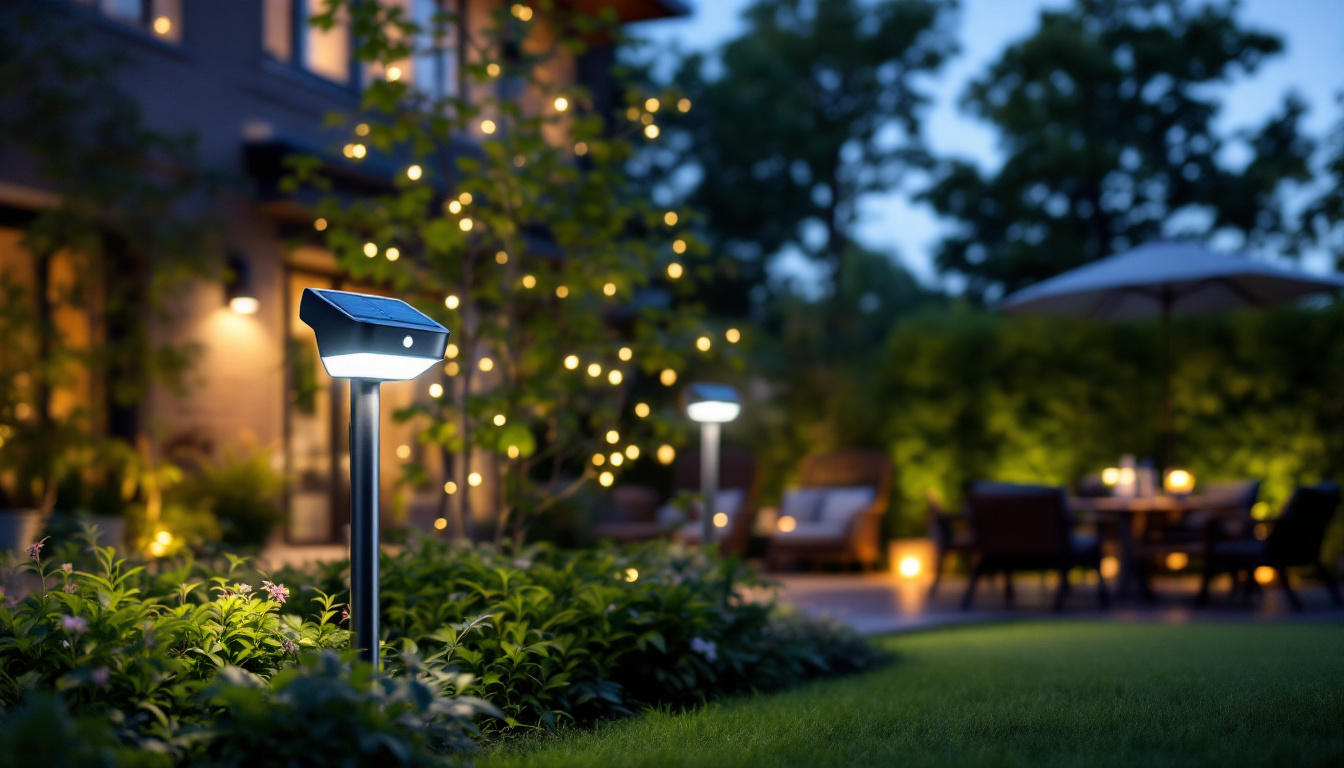 A photograph of a beautifully illuminated outdoor setting featuring solar motion sensor lights in action