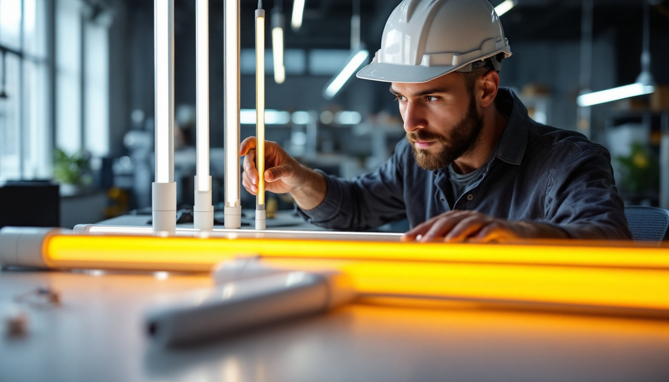 A photograph of a skilled electrical engineer examining a variety of led tube lights in a well-lit workspace