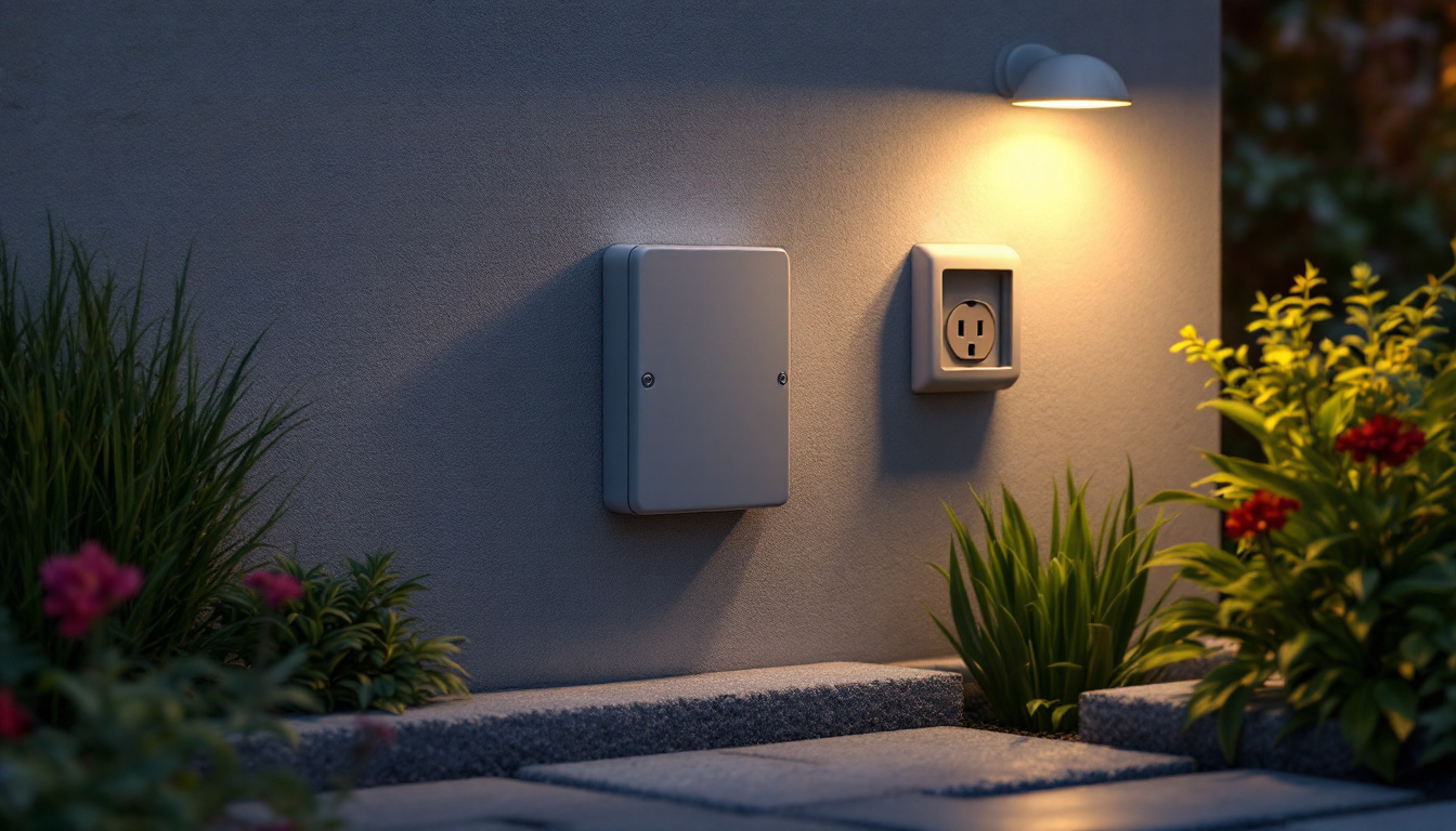 A photograph of a well-installed outdoor electric plug box integrated into a beautifully landscaped garden setting
