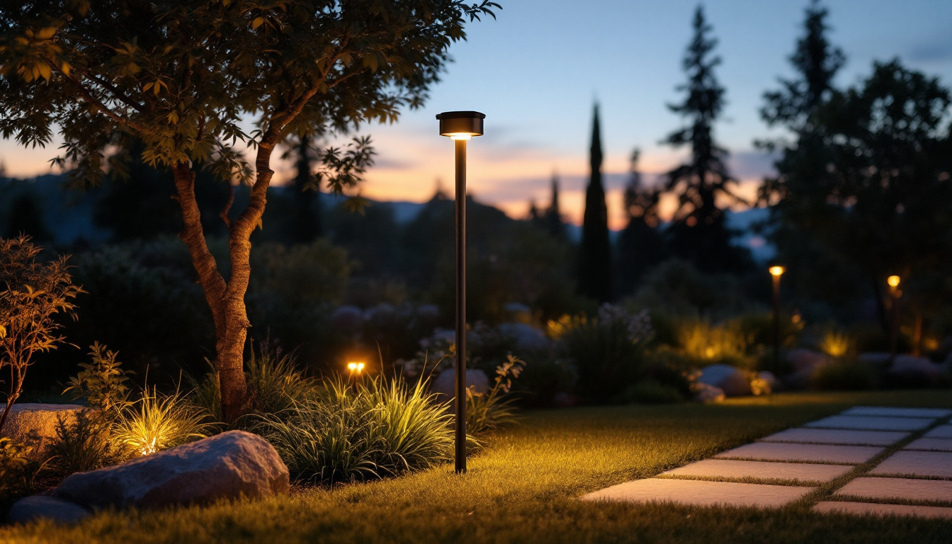 A photograph of a solar area light illuminating a landscaped outdoor space at dusk
