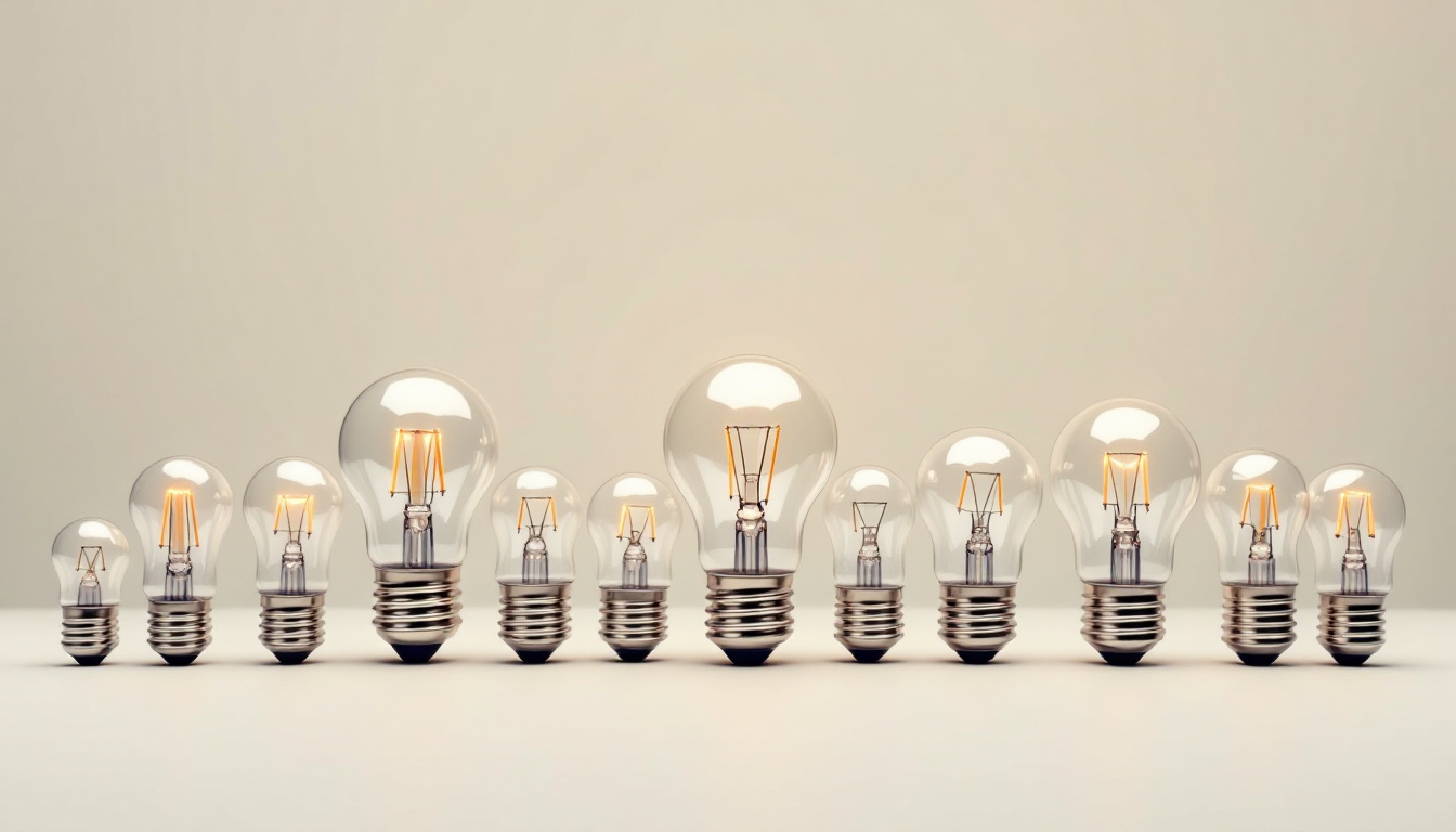 A photograph of a variety of small light bulbs arranged aesthetically on a clean