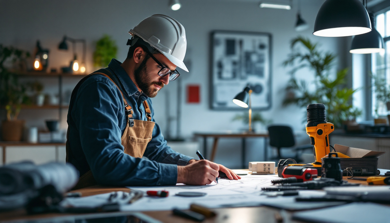A photograph of a skilled electrical engineer working on a lighting design project