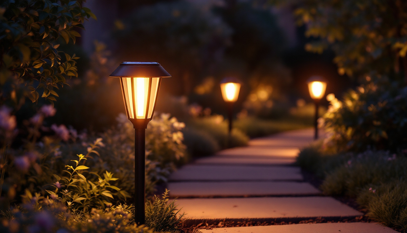 A photograph of capture a photograph of a beautifully illuminated bronze solar path light glowing softly in a garden setting at dusk