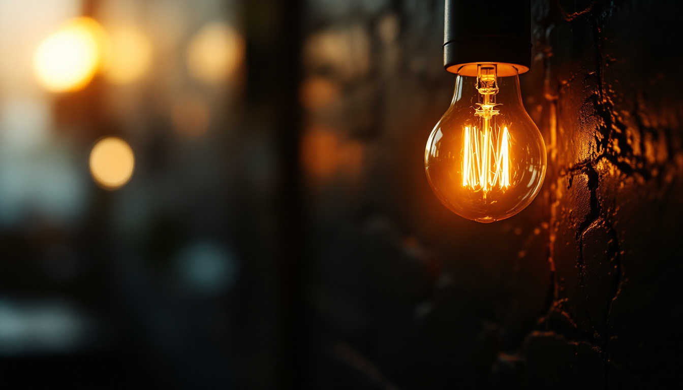 A photograph of a close-up shot of a flickering lightbulb in a dimly lit environment