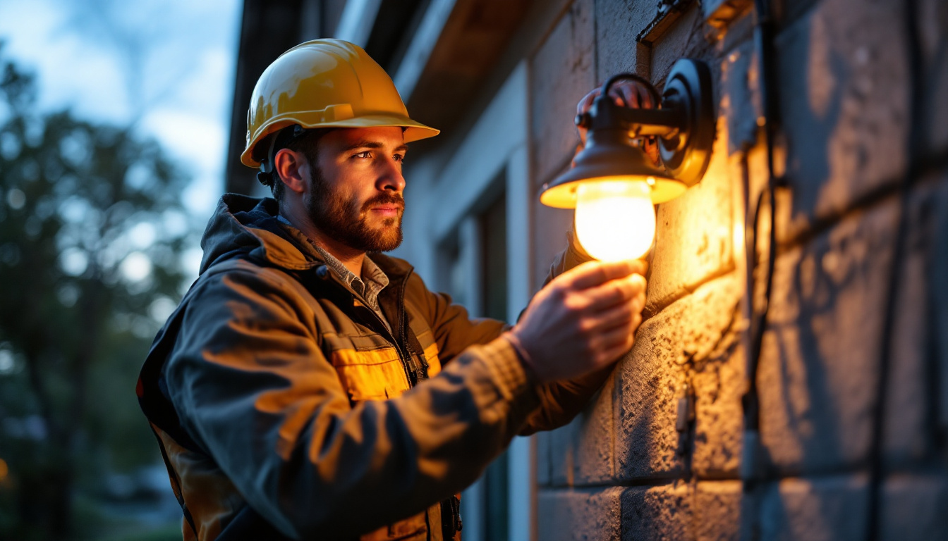 A photograph of a skilled electrical engineer examining or replacing an outdoor light fixture