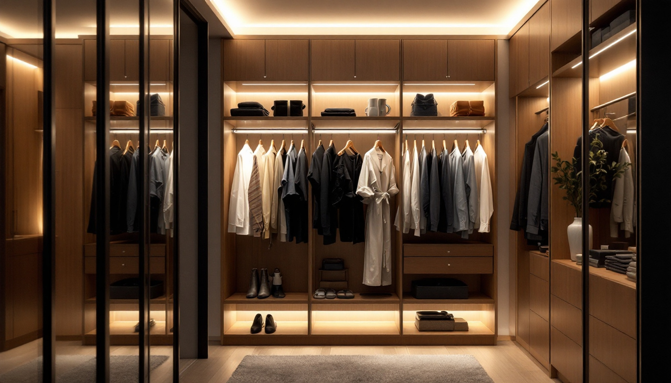 A photograph of a beautifully designed walk-in closet illuminated with a combination of ambient and task lighting