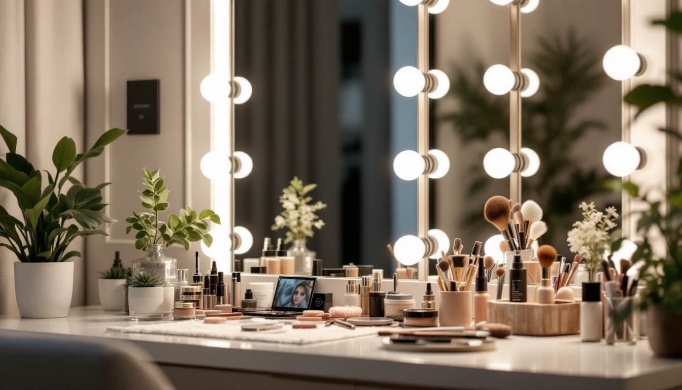 A photograph of a beautifully lit bathroom vanity setup featuring a well-designed mirror with adjustable lighting