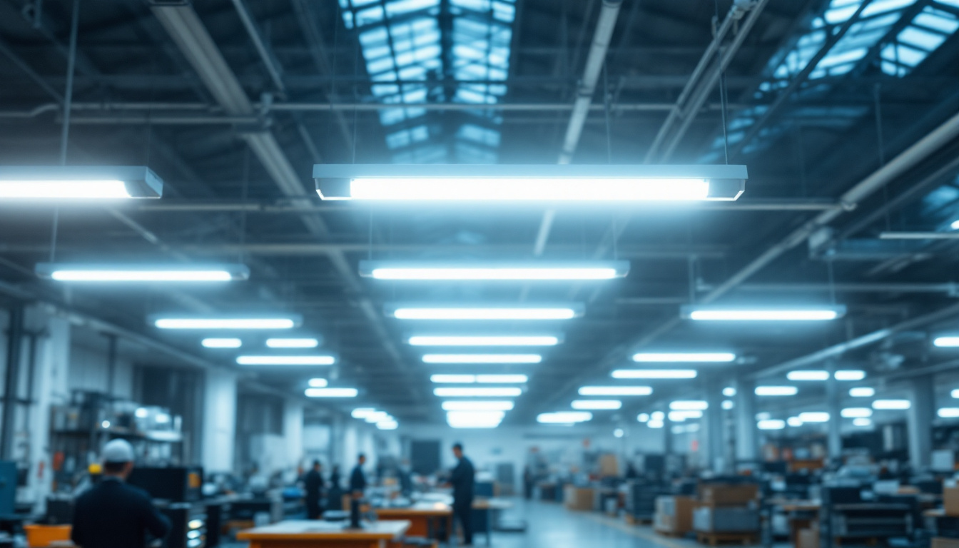 A photograph of a well-lit industrial workspace featuring philips f32t8 tl741 fluorescent lights in action