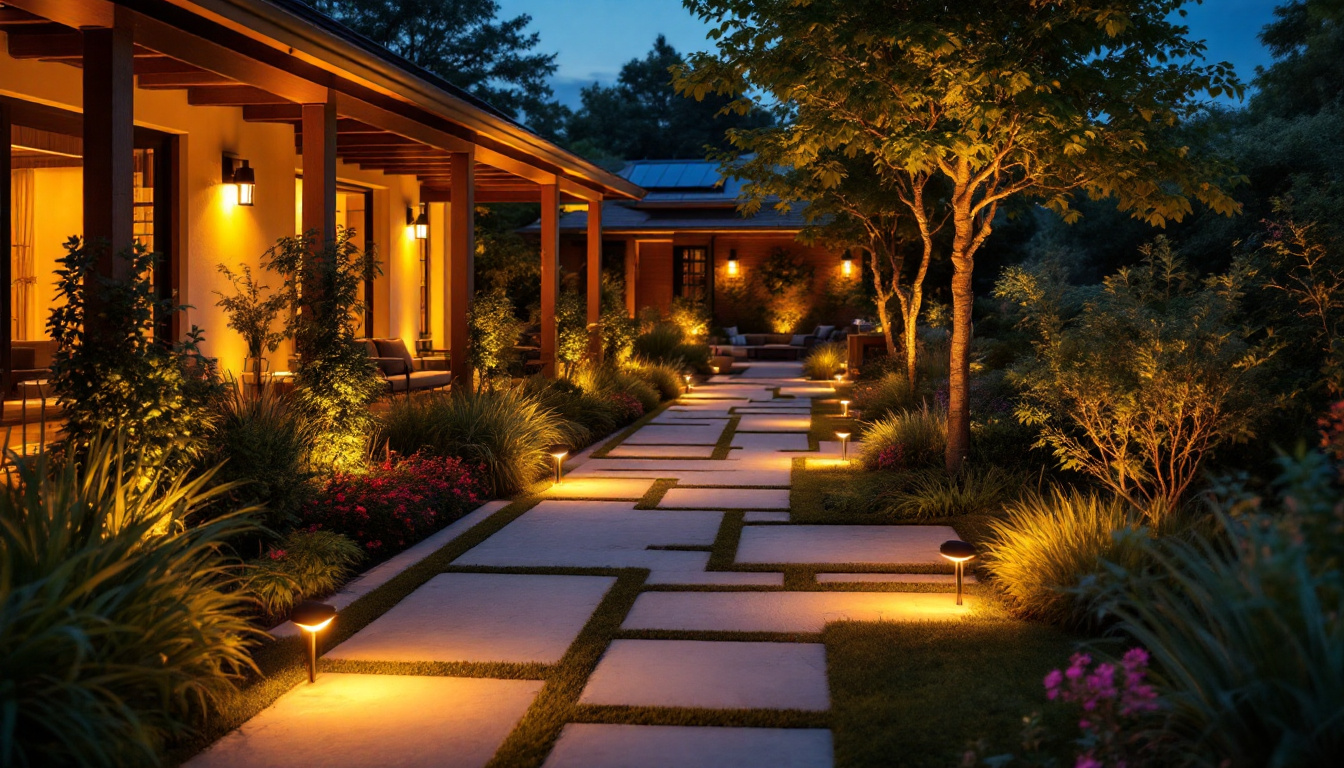 A photograph of a beautifully designed outdoor space illuminated by various solar lighting options