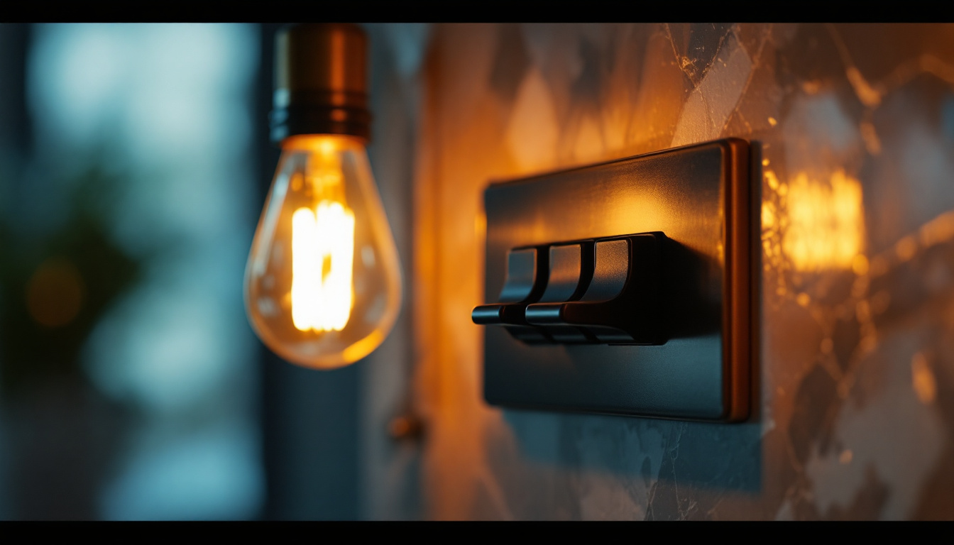 A photograph of a close-up shot of a three pole toggle switch installed in a stylish lighting fixture