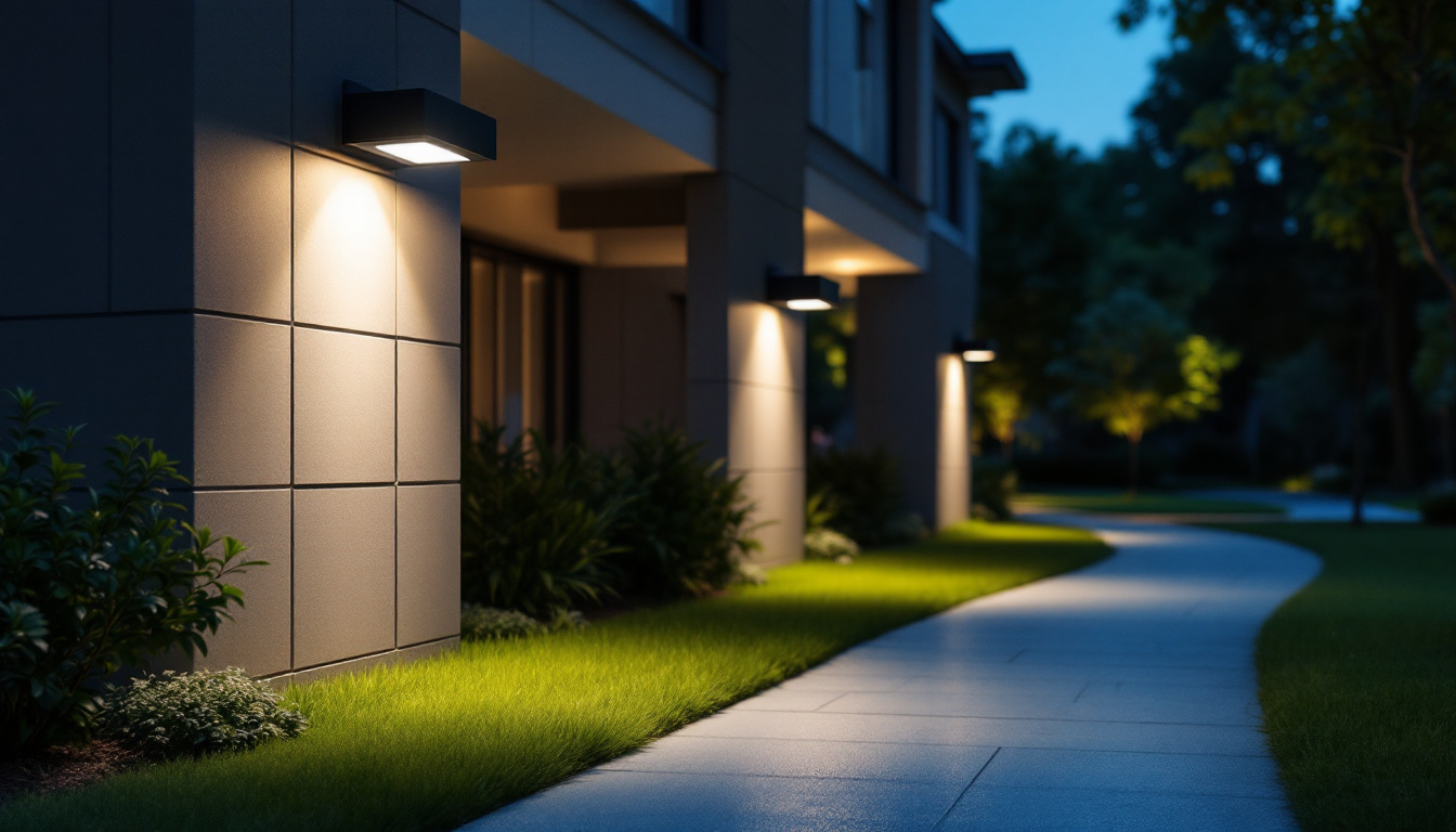 A photograph of a well-lit outdoor area featuring motion detector lights in action