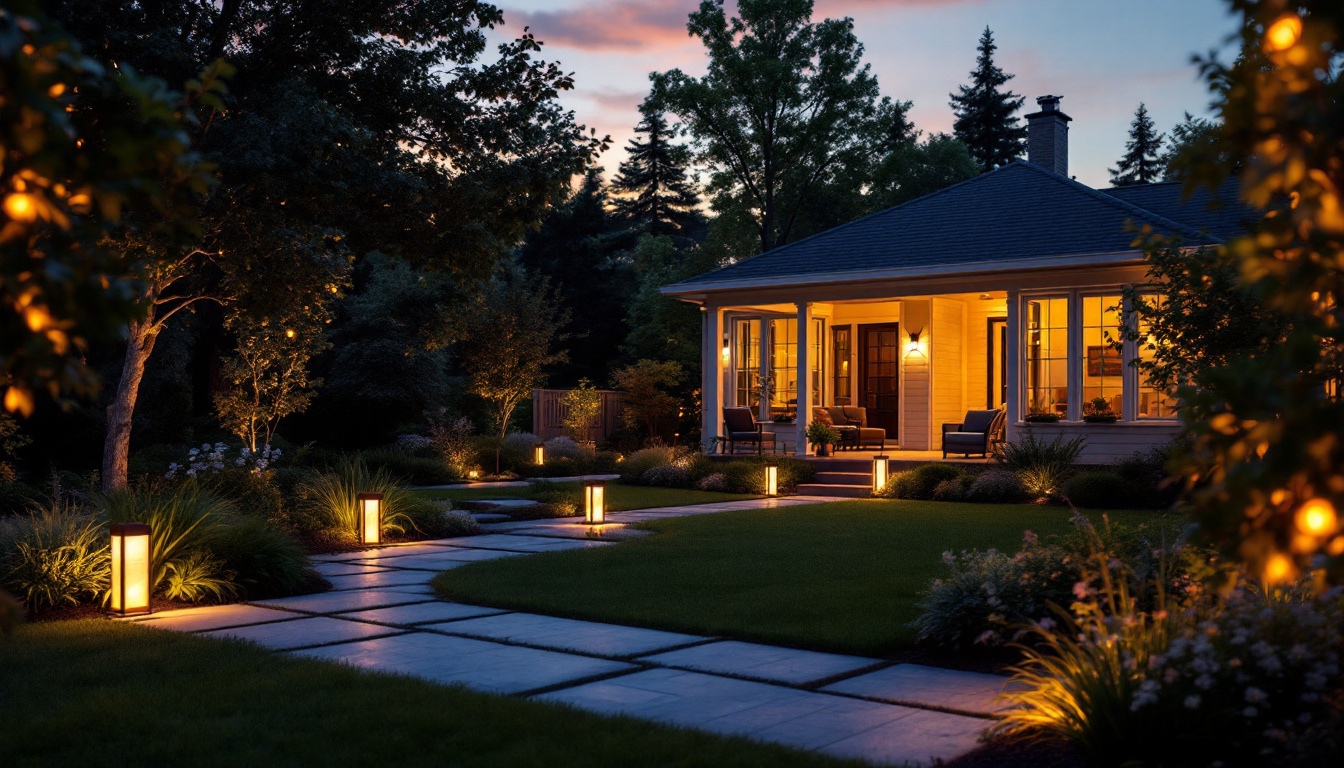 A photograph of a beautifully illuminated backyard scene at dusk