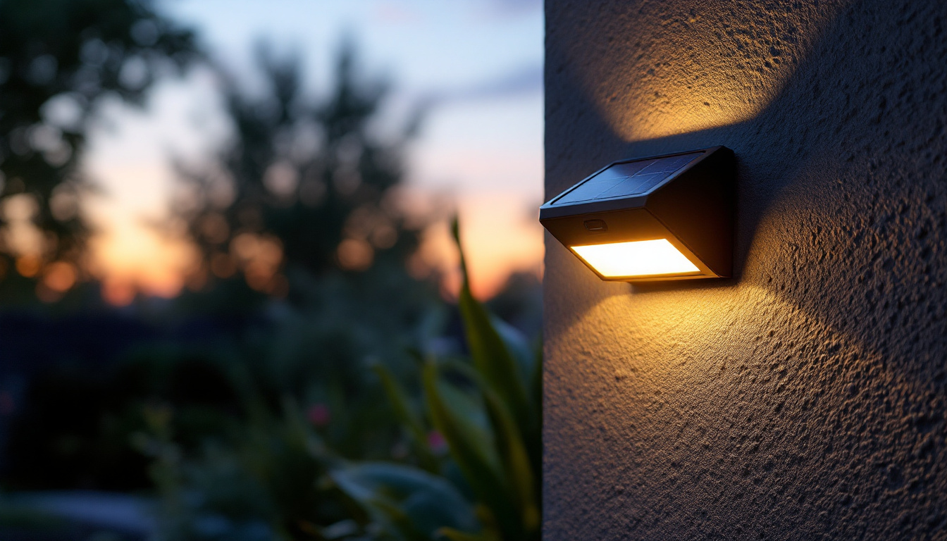A photograph of a wall-mounted solar light illuminating a garden or outdoor space at dusk