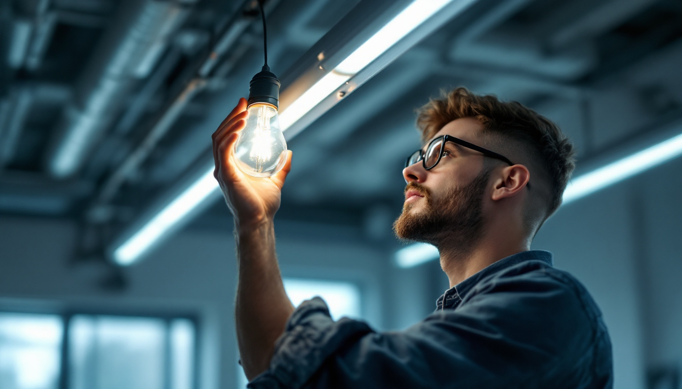 A photograph of a person carefully replacing a fluorescent light bulb in a well-lit room