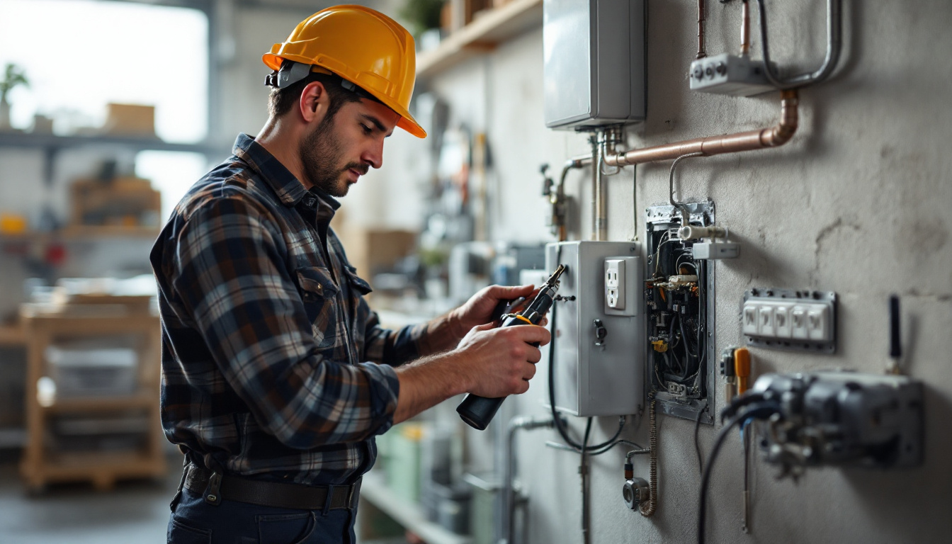 A photograph of a skilled electrical engineer examining a heavy-duty outlet installation