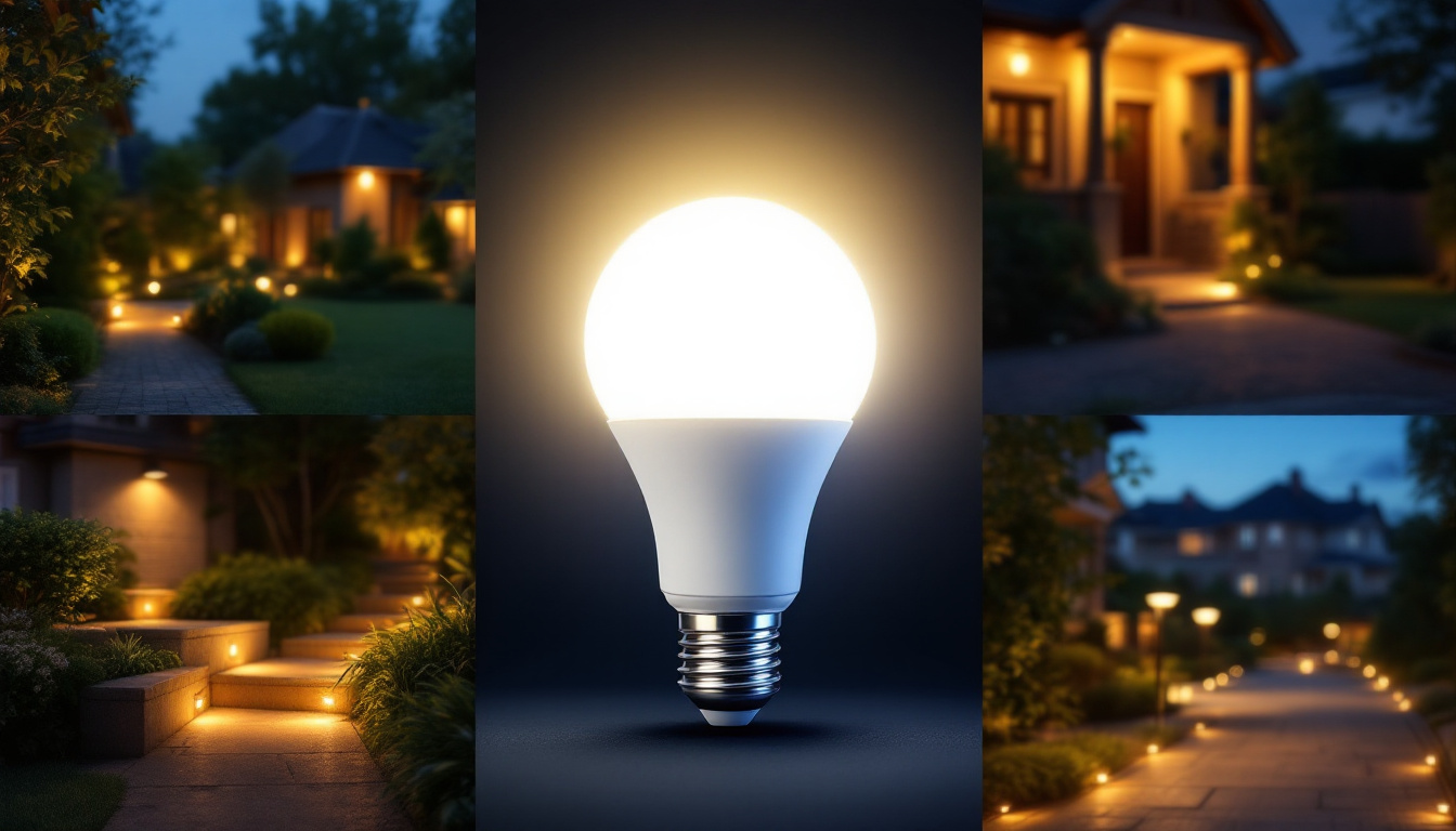 A photograph of a modern led flood bulb illuminating a variety of outdoor lighting projects
