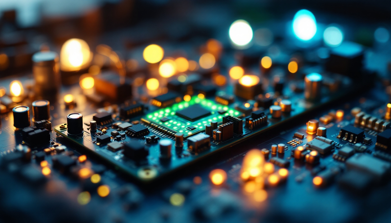 A photograph of a close-up shot of a led driver circuit board alongside various led lights