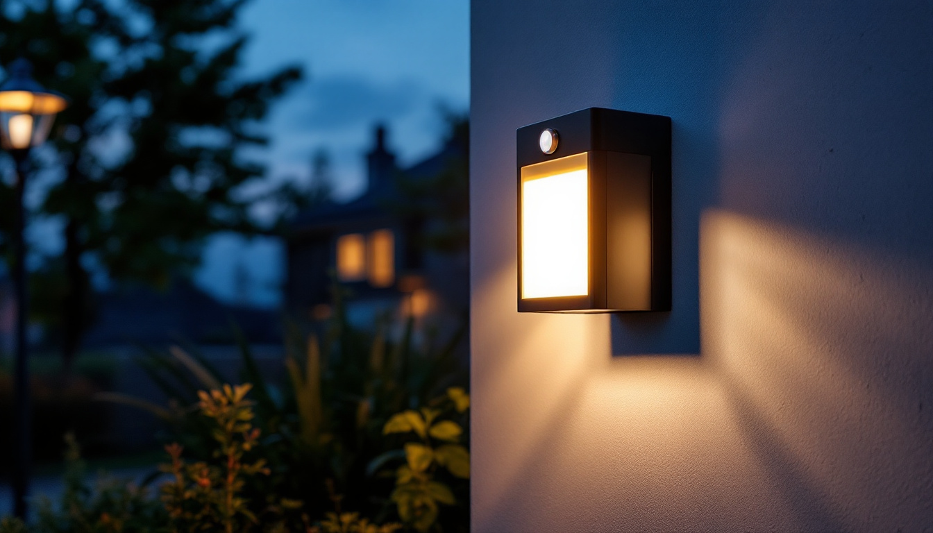 A photograph of a beautifully illuminated outdoor wall light with a photocell sensor at dusk