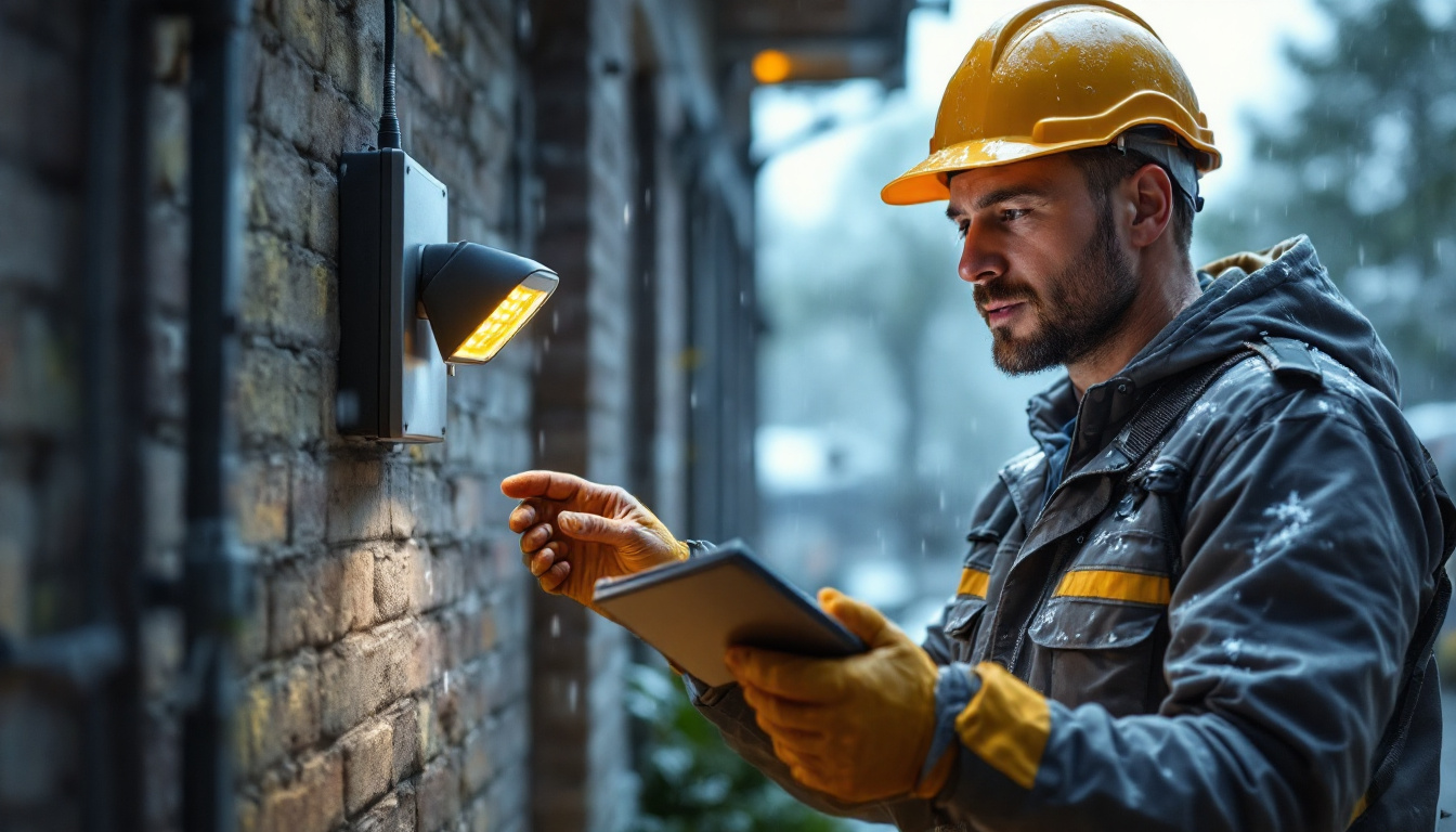 A photograph of a professional electrical engineer examining a weatherproof led lighting fixture outdoors