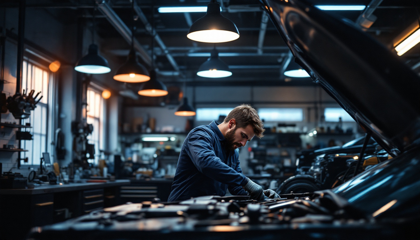 A photograph of a well-lit mechanic shop showcasing modern lighting fixtures