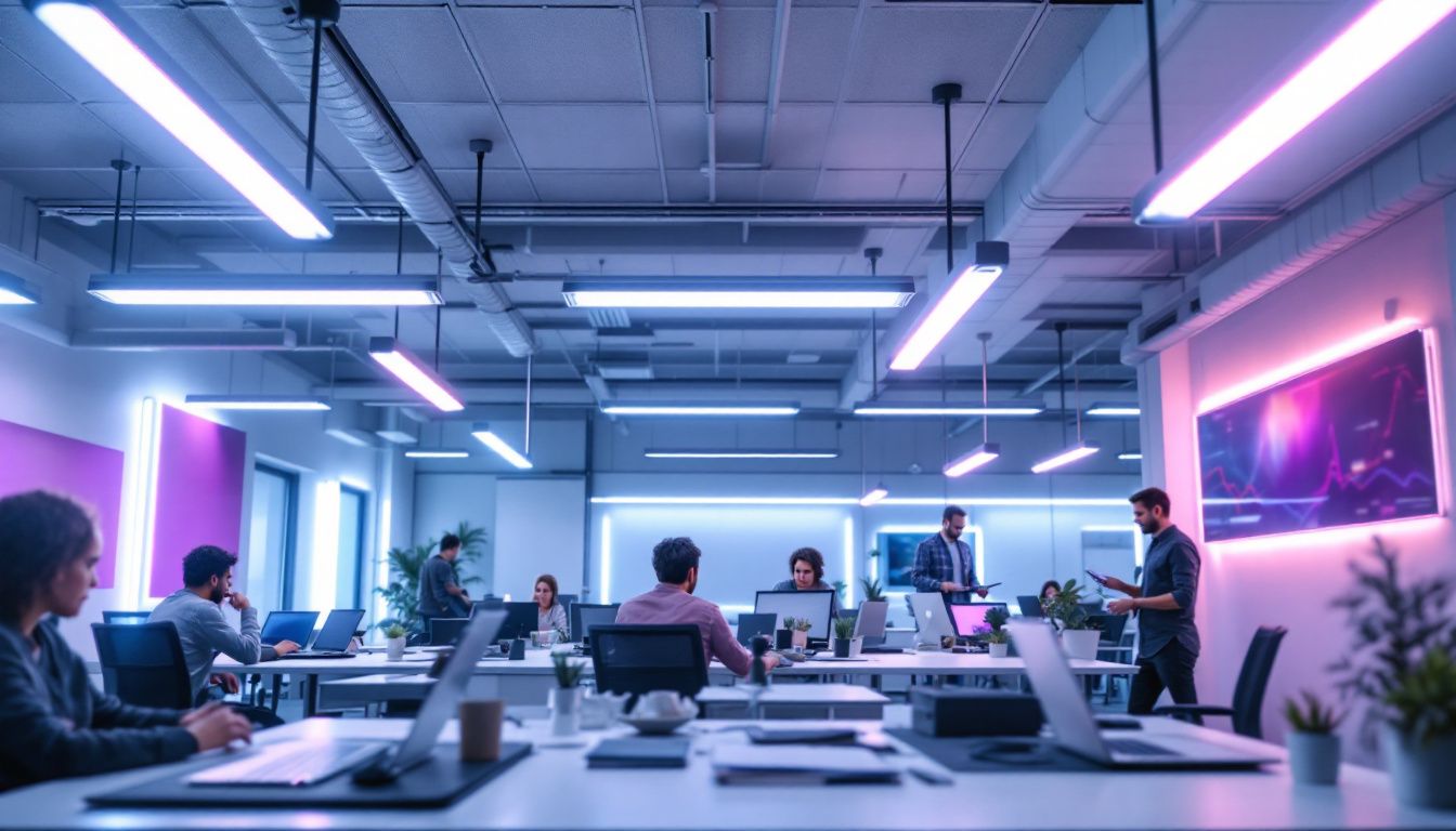 A photograph of a modern office or workspace featuring various fluorescent lighting setups