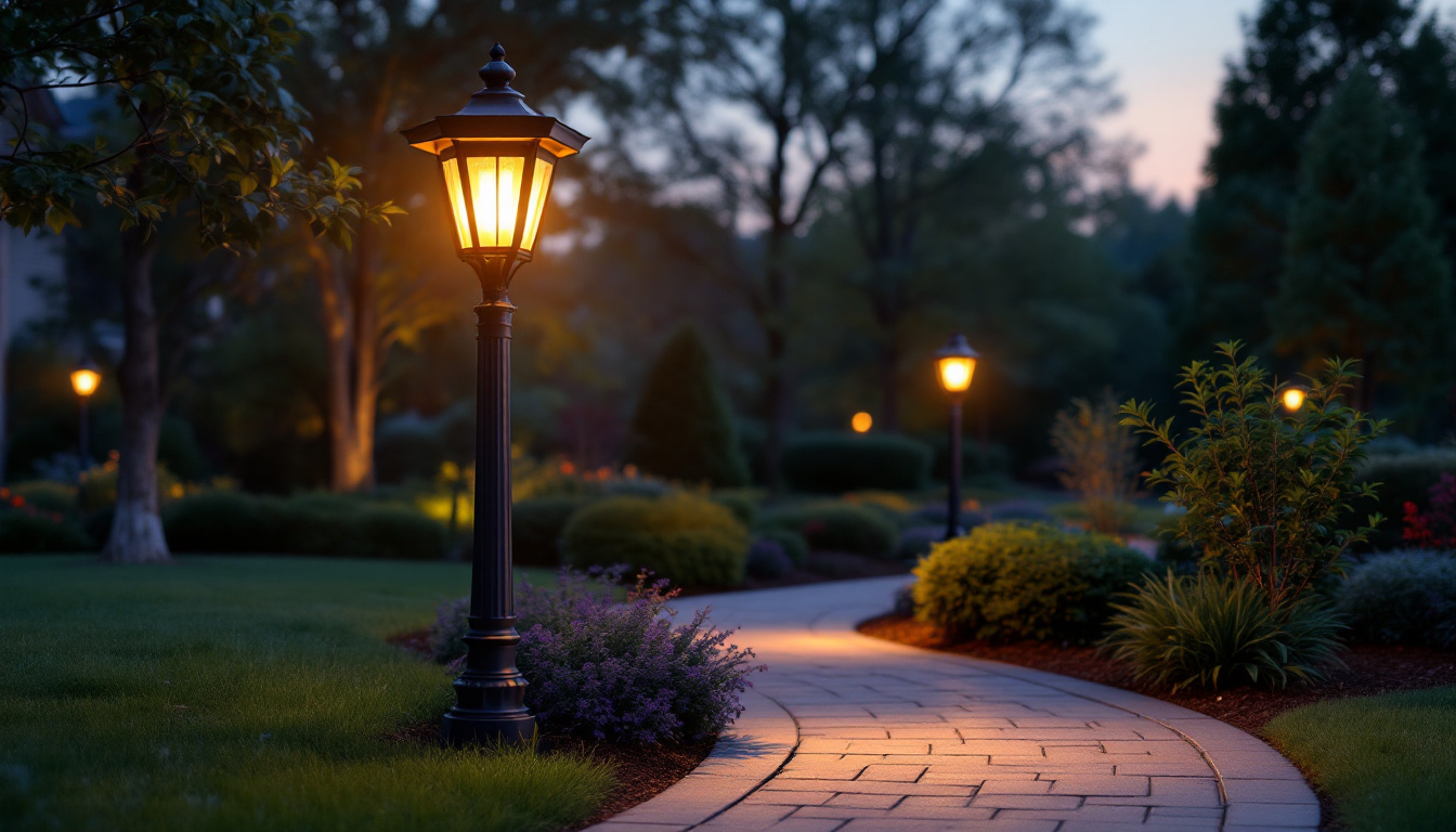 A photograph of a beautifully illuminated front lawn lamp post at dusk